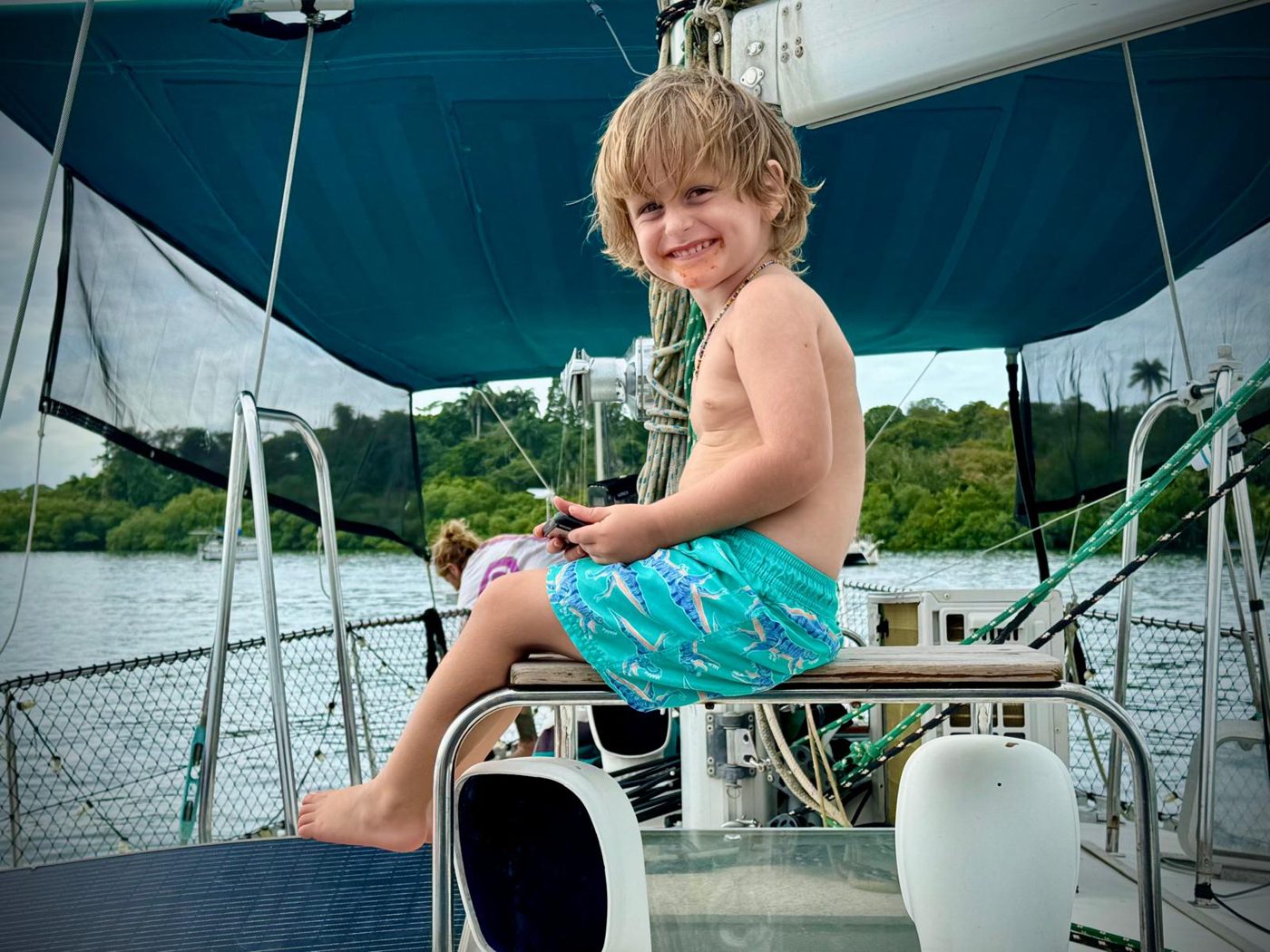 Ricci sitting up on the bimini seat