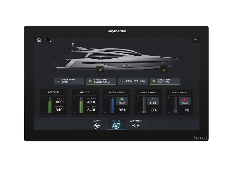 A Raymarine digital boating screen showing boat systems